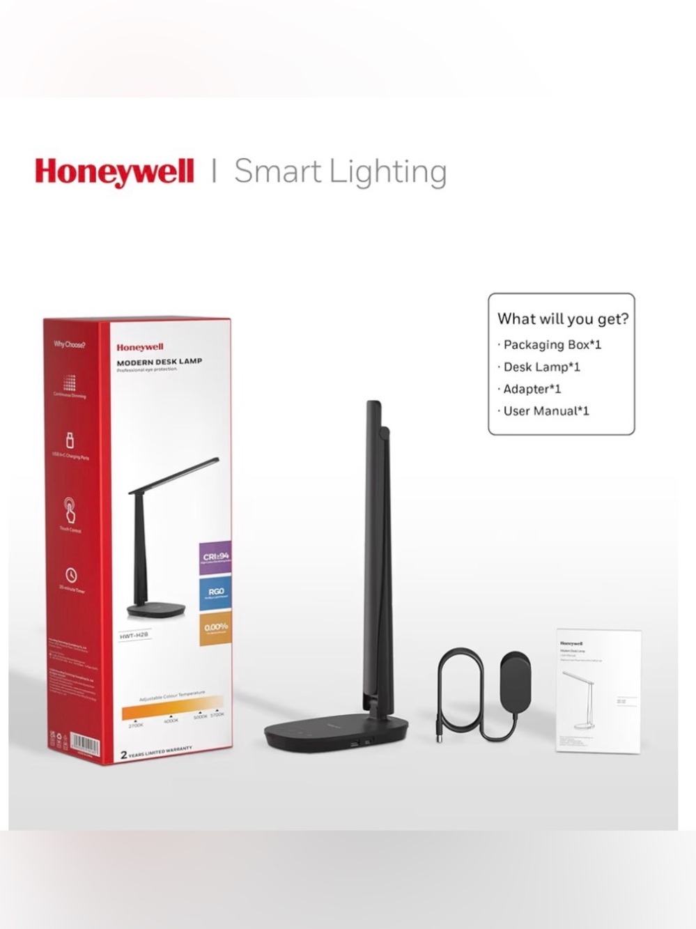 Set of 2 Honeywell Black Modern Smart Desk Lamp